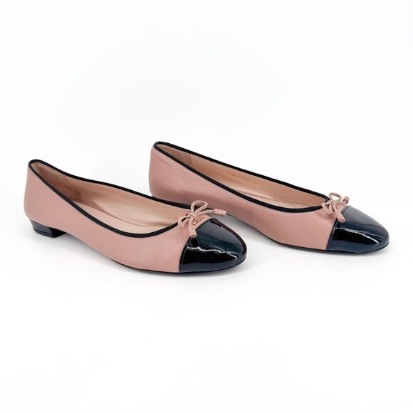 Prada Logo Beige Leather Black Cap Toe Ballet Flats Shoes Size 41.5 US 11.5 - Picture 1 of 15